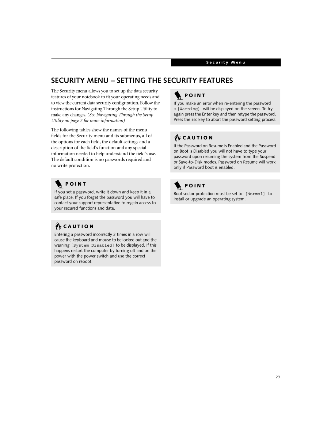 Fujitsu S-4572 manual Security Menu Setting the Security Features, U T I O N 