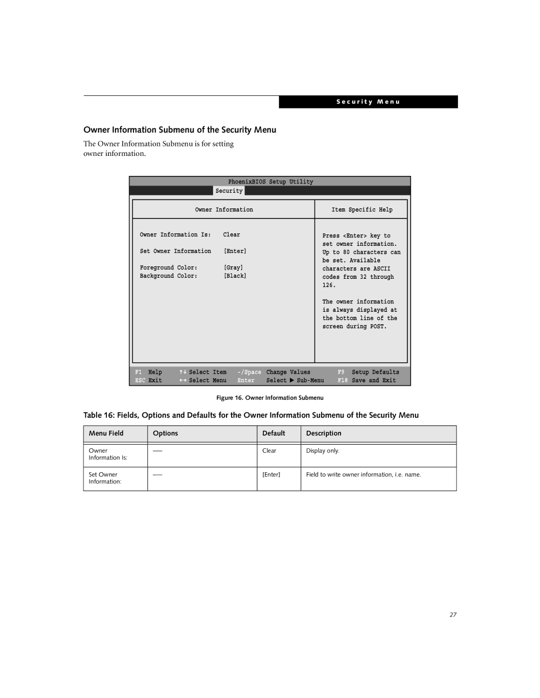 Fujitsu S-4572 Owner Information Submenu of the Security Menu, Owner Information Submenu is for setting owner information 