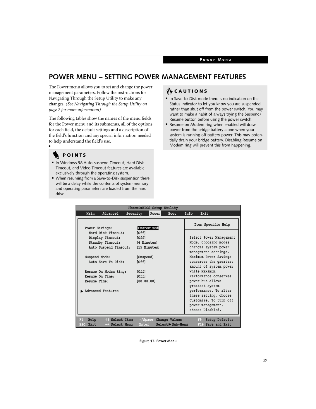 Fujitsu S-4572 manual Power Menu Setting Power Management Features, U T I O N S, Main Advanced Security 