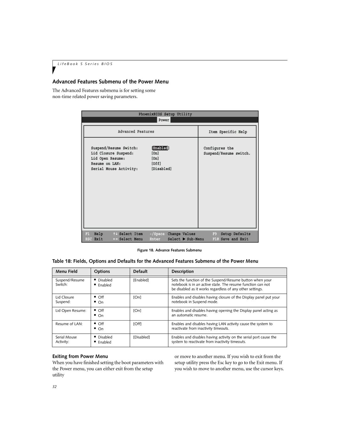 Fujitsu S-4572 manual Advanced Features Submenu of the Power Menu, Exiting from Power Menu 