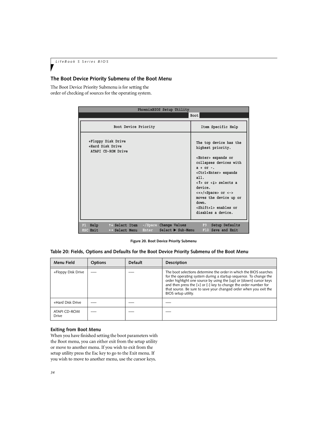 Fujitsu S-4572 manual Boot Device Priority Submenu of the Boot Menu, Exiting from Boot Menu 