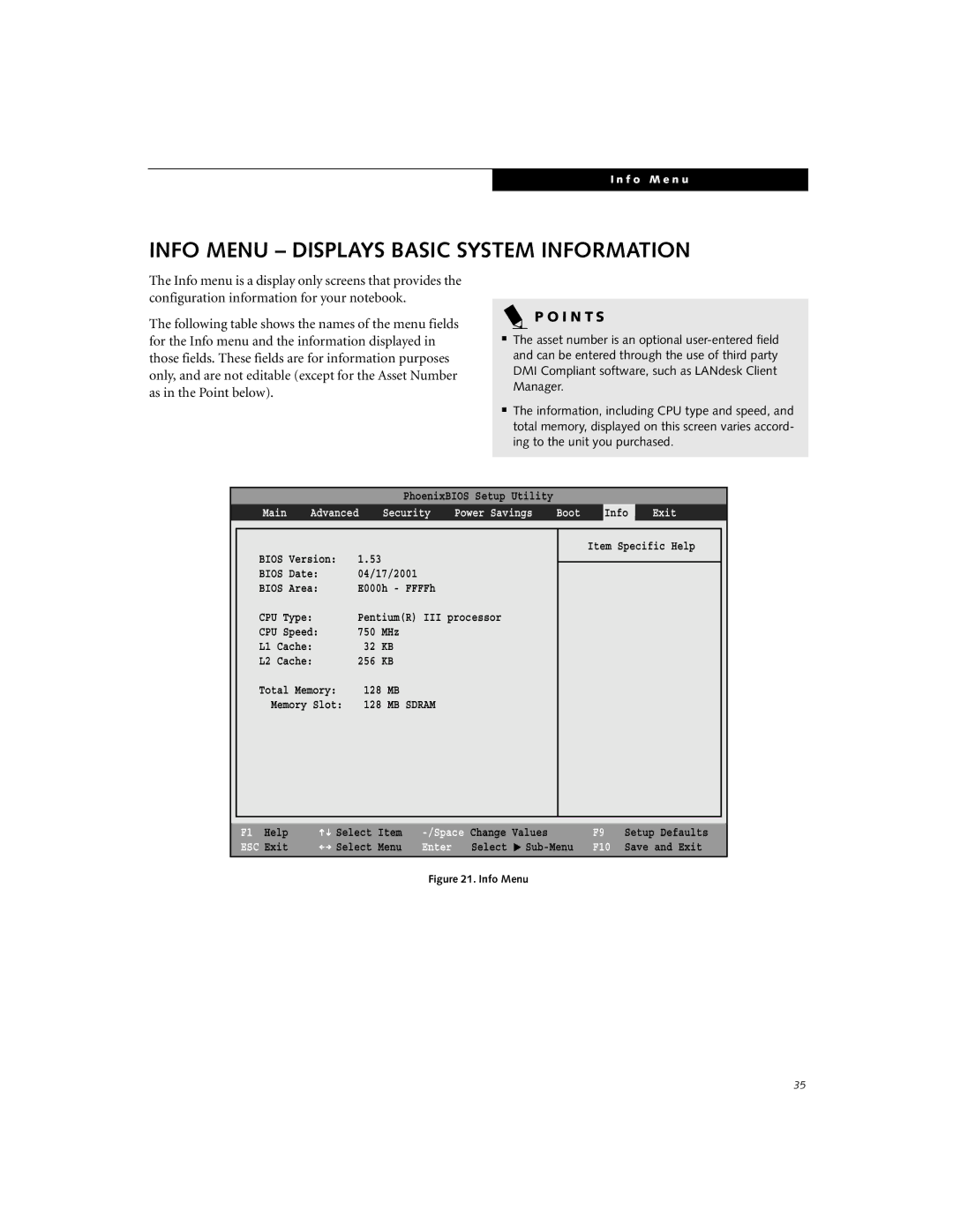 Fujitsu S-4572 manual Info Menu Displays Basic System Information, MB Sdram 