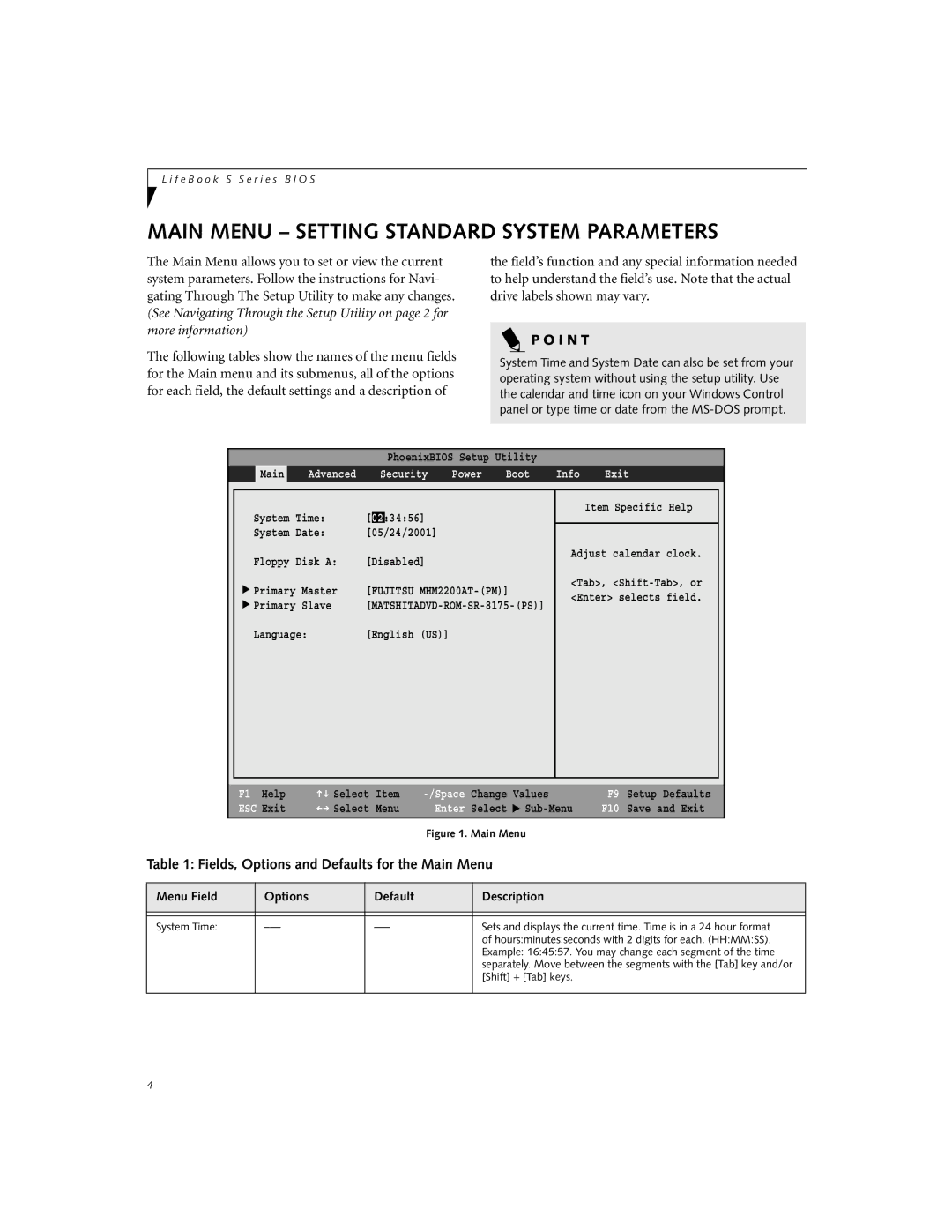 Fujitsu S-4572 Main Menu Setting Standard System Parameters, Fields, Options and Defaults for the Main Menu, ESC Exit 