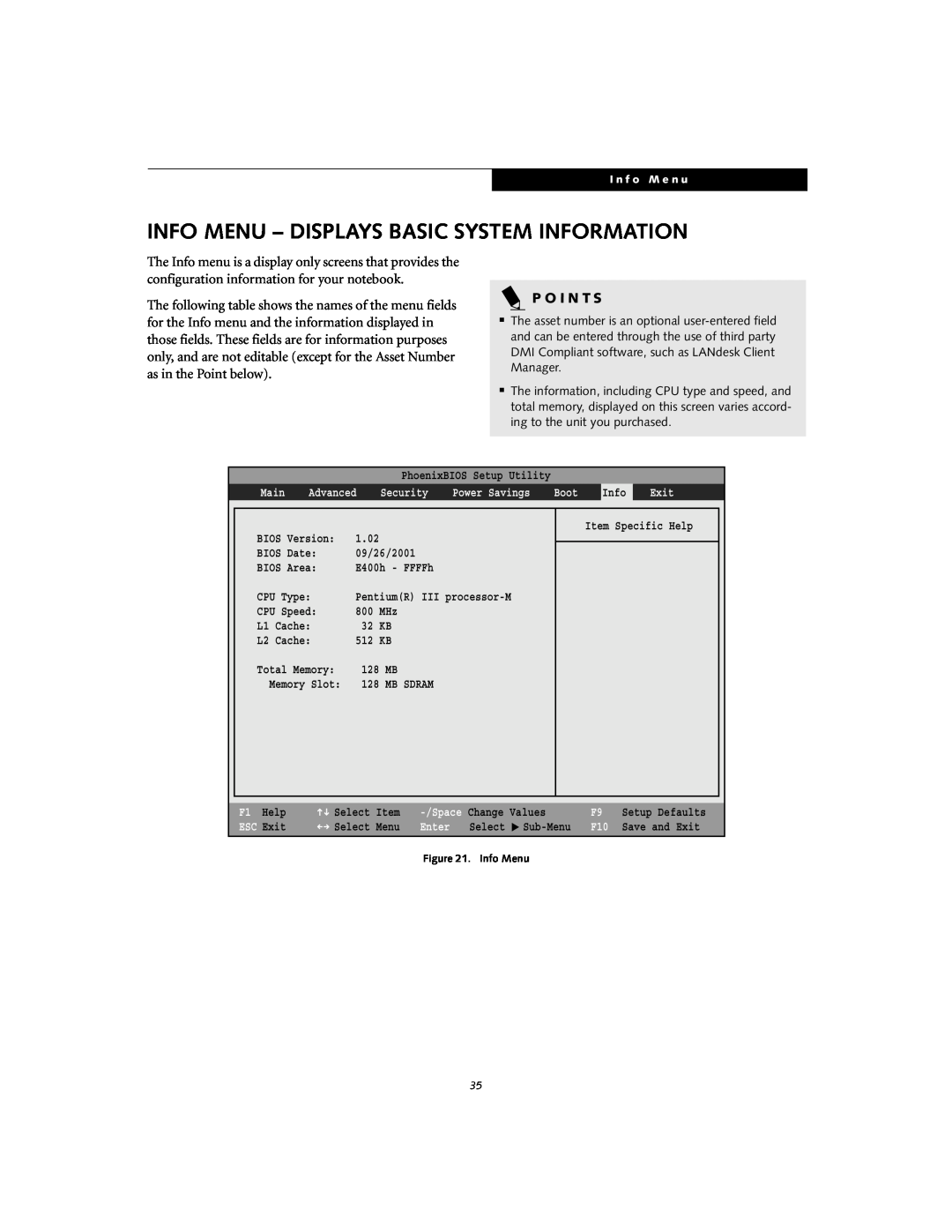 Fujitsu S-5582 manual Info Menu - Displays Basic System Information, P O I N T S, I n f o M e n u 