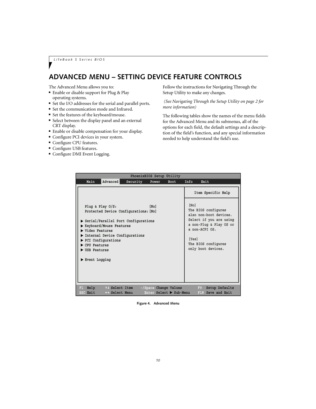 Fujitsu S-5582 manual Advanced Menu Setting Device Feature Controls, Main, Security, Boot Info Exit 