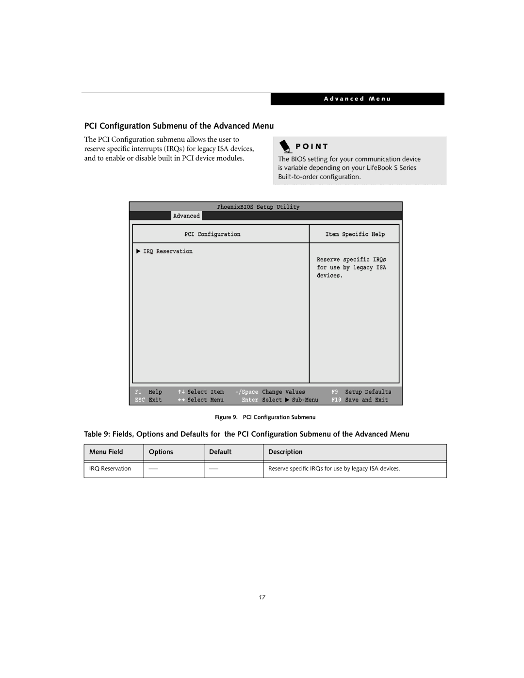 Fujitsu S-5582 manual PCI Configuration Submenu of the Advanced Menu, Main Advanced Security Power Savings Exit 