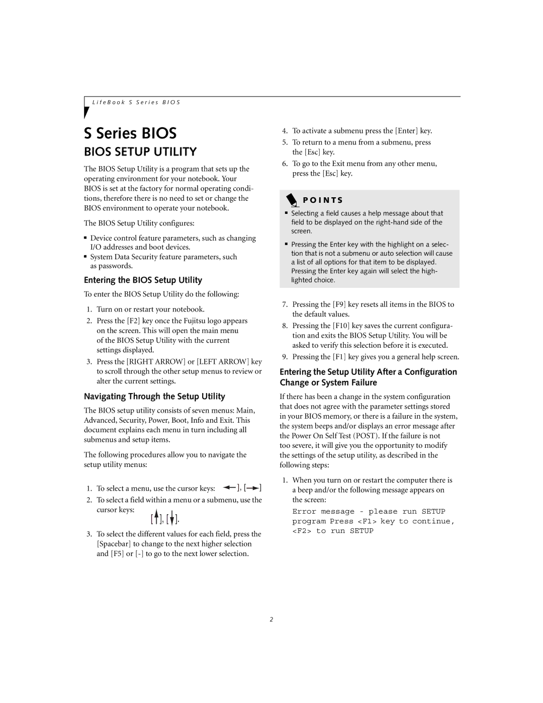 Fujitsu S-5582 manual Entering the Bios Setup Utility, Navigating Through the Setup Utility 