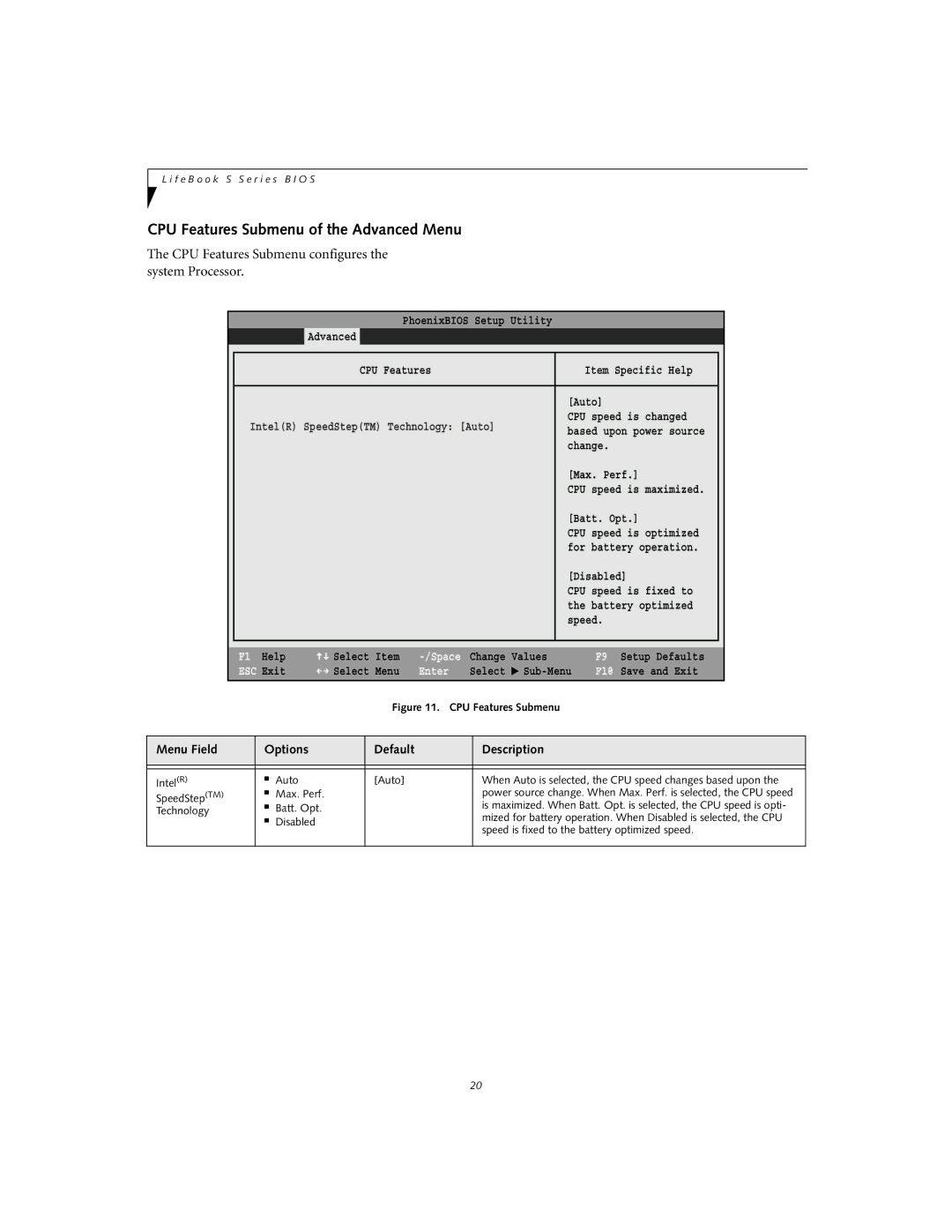 Fujitsu S-5582 manual CPU Features Submenu of the Advanced Menu, CPU Features Submenu configures the system Processor 