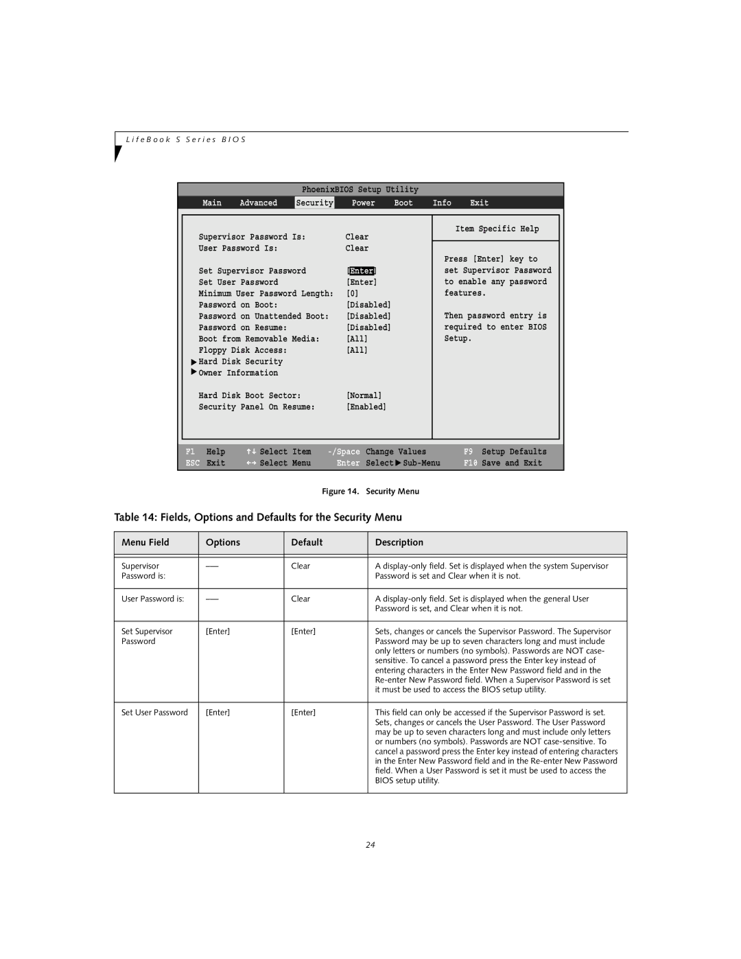 Fujitsu S-5582 manual Fields, Options and Defaults for the Security Menu, Main Advanced, Power Boot 