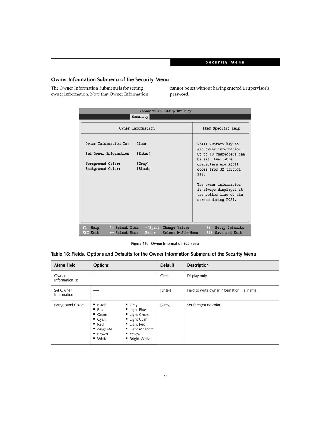 Fujitsu S-5582 manual Owner Information Submenu of the Security Menu 