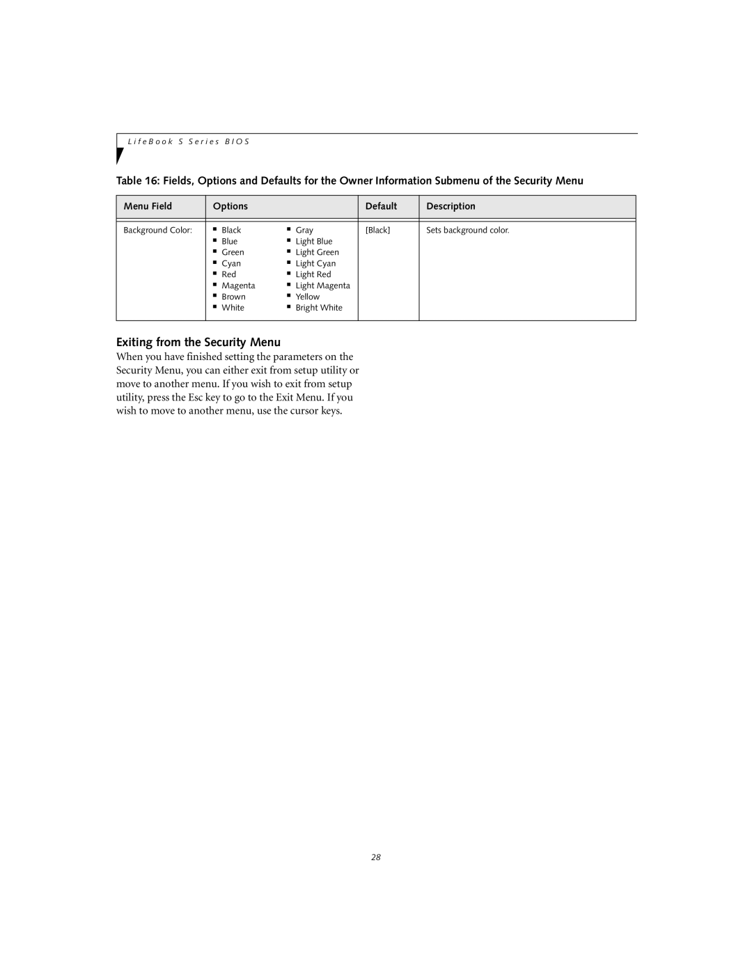 Fujitsu S-5582 manual Exiting from the Security Menu 