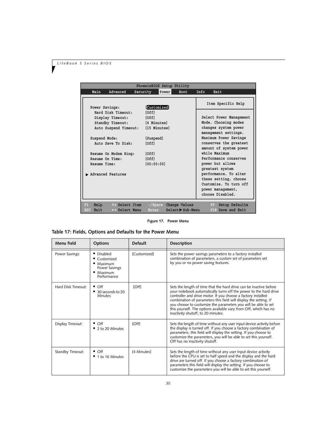 Fujitsu S-5582 manual Fields, Options and Defaults for the Power Menu, Main Advanced Security 