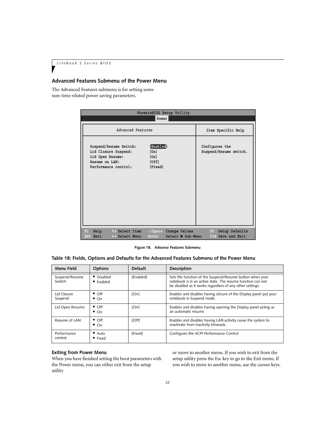 Fujitsu S-5582 manual Advanced Features Submenu of the Power Menu, Exiting from Power Menu 