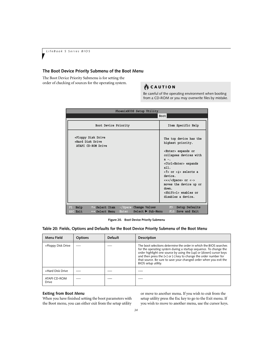 Fujitsu S-5582 manual Boot Device Priority Submenu of the Boot Menu, Exiting from Boot Menu 