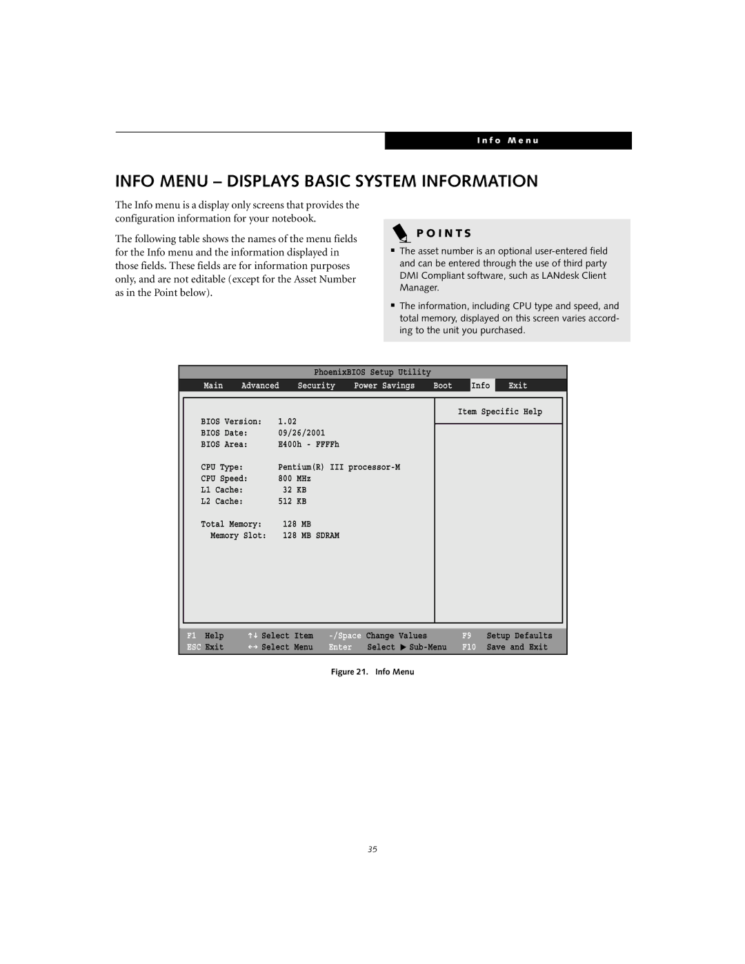 Fujitsu S-5582 manual Info Menu Displays Basic System Information, Main Advanced Security Power Savings Boot Info Exit 