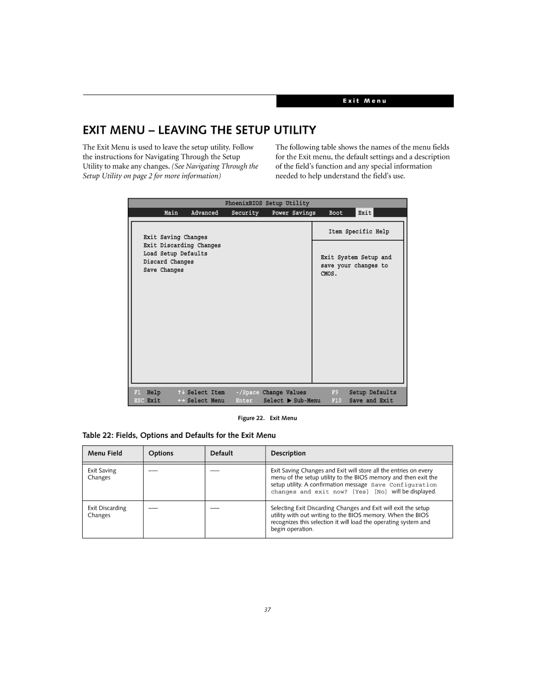 Fujitsu S-5582 manual Exit Menu Leaving the Setup Utility, Fields, Options and Defaults for the Exit Menu 