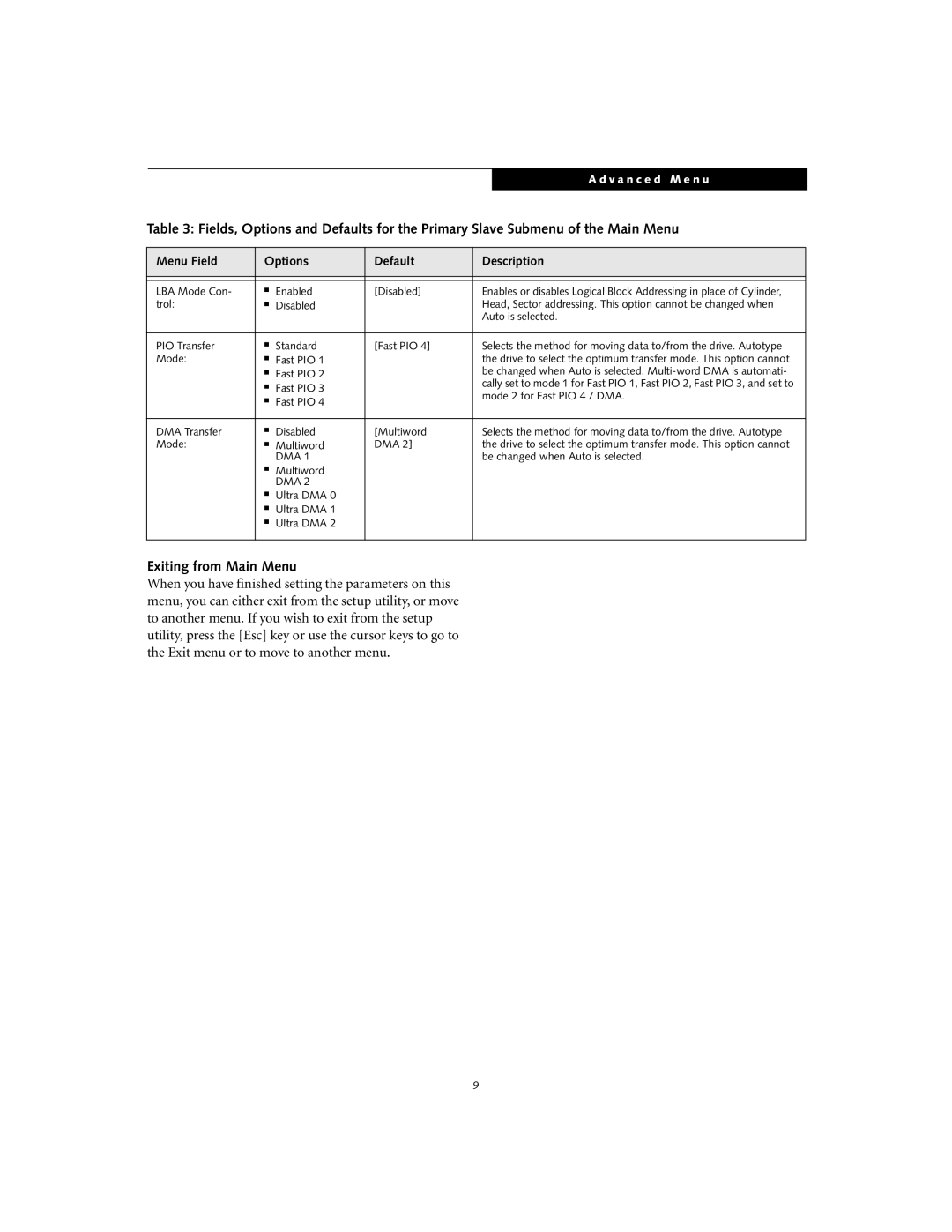 Fujitsu S-5582 manual Exiting from Main Menu 