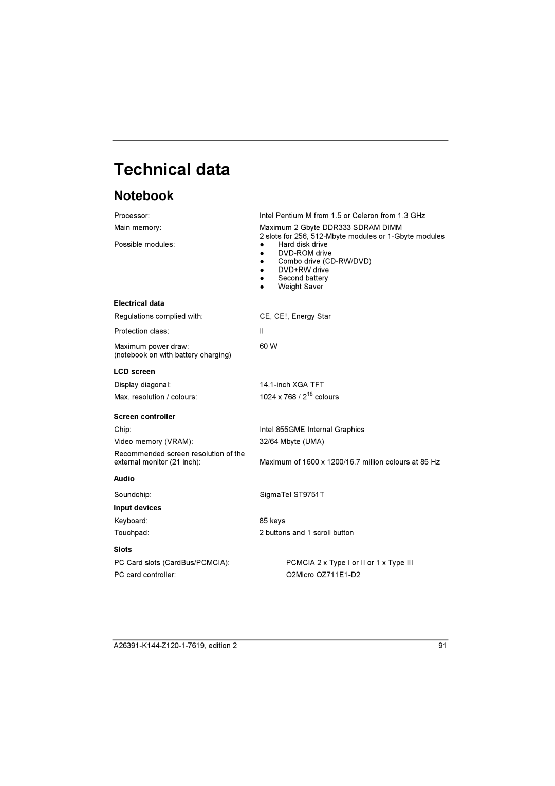 Fujitsu S SERIES manual Technical data 