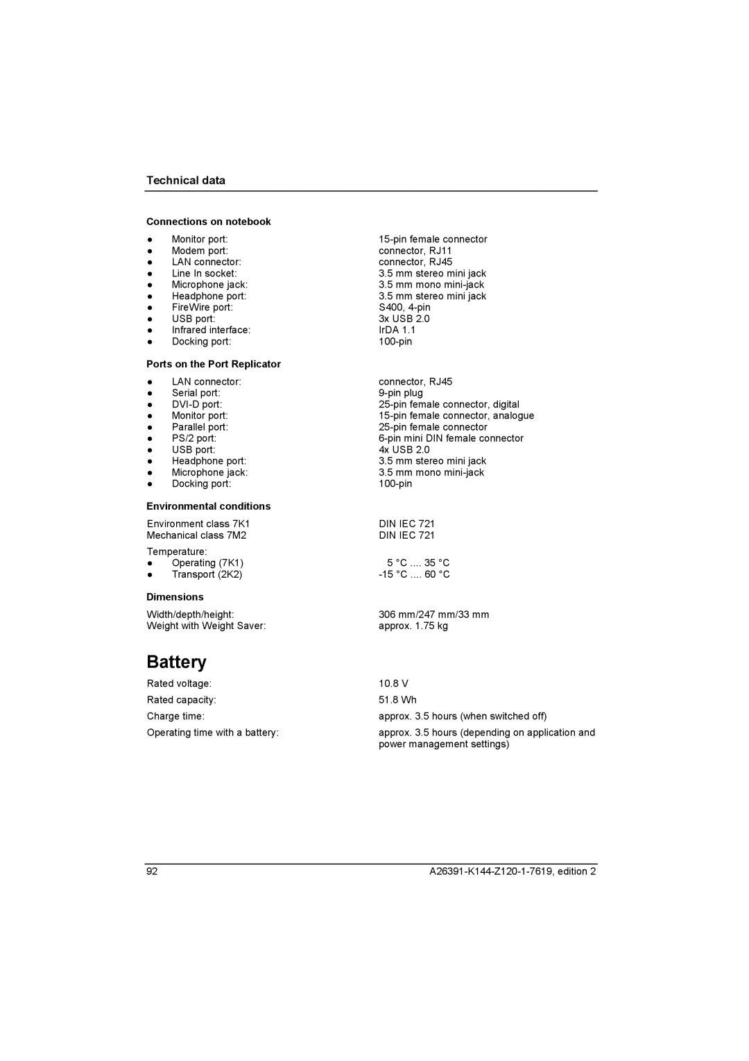 Fujitsu S SERIES manual Connections on notebook, Ports on the Port Replicator, Environmental conditions, Dimensions 