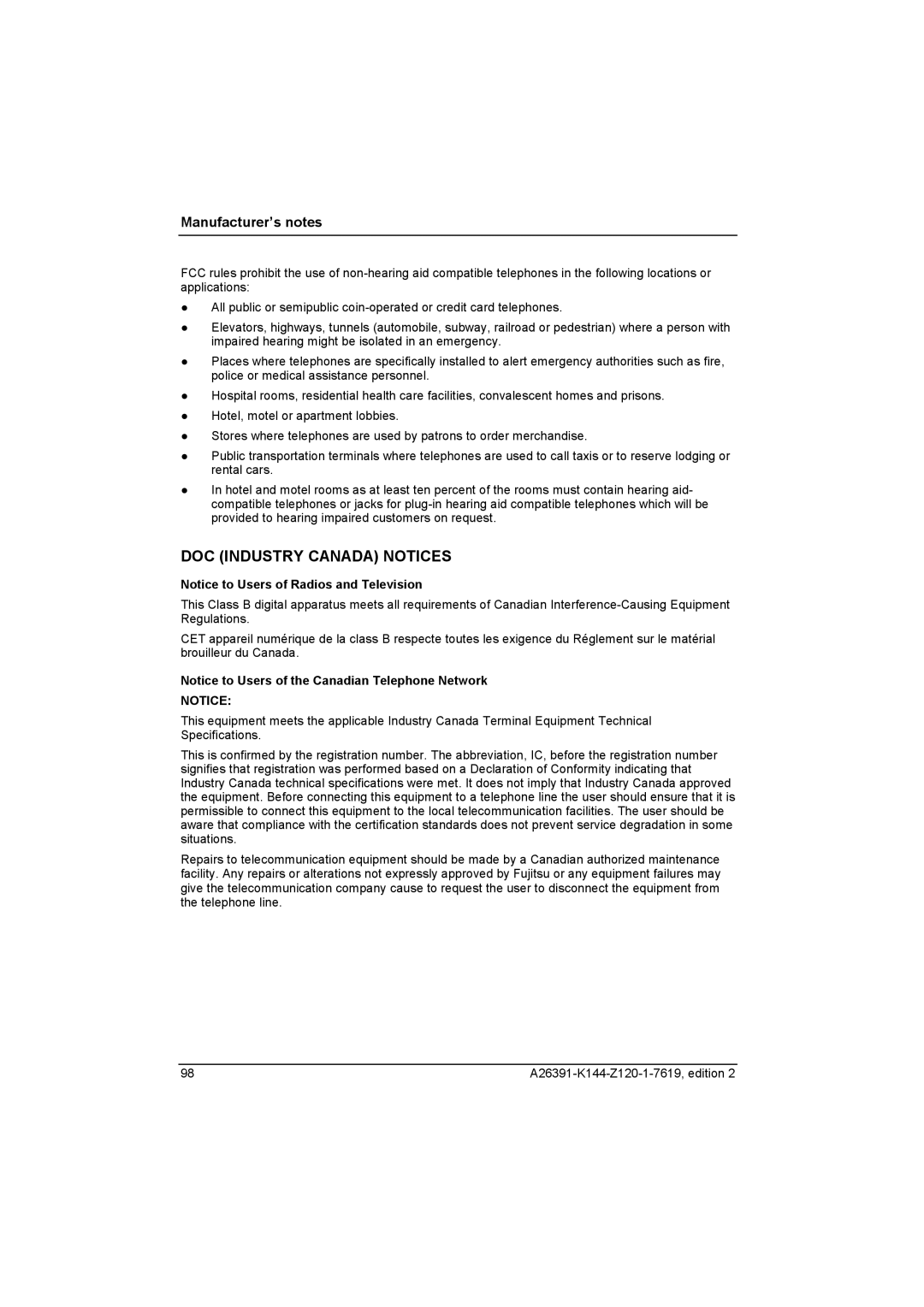 Fujitsu S SERIES manual DOC Industry Canada Notices 