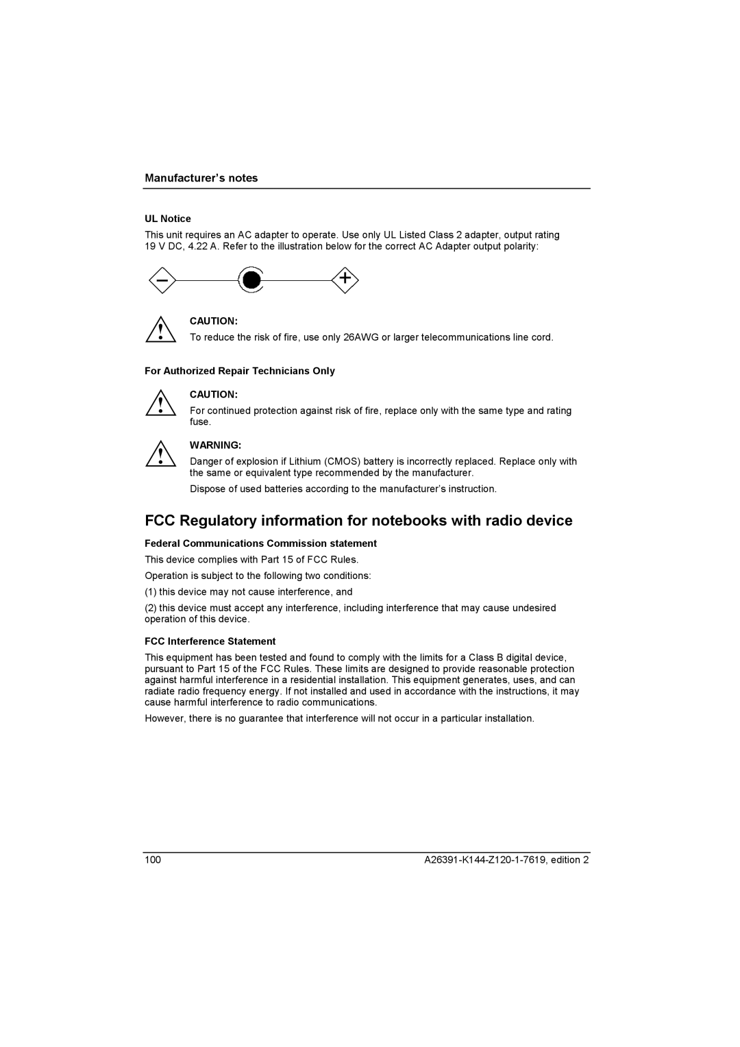 Fujitsu S SERIES manual FCC Regulatory information for notebooks with radio device, UL Notice, FCC Interference Statement 