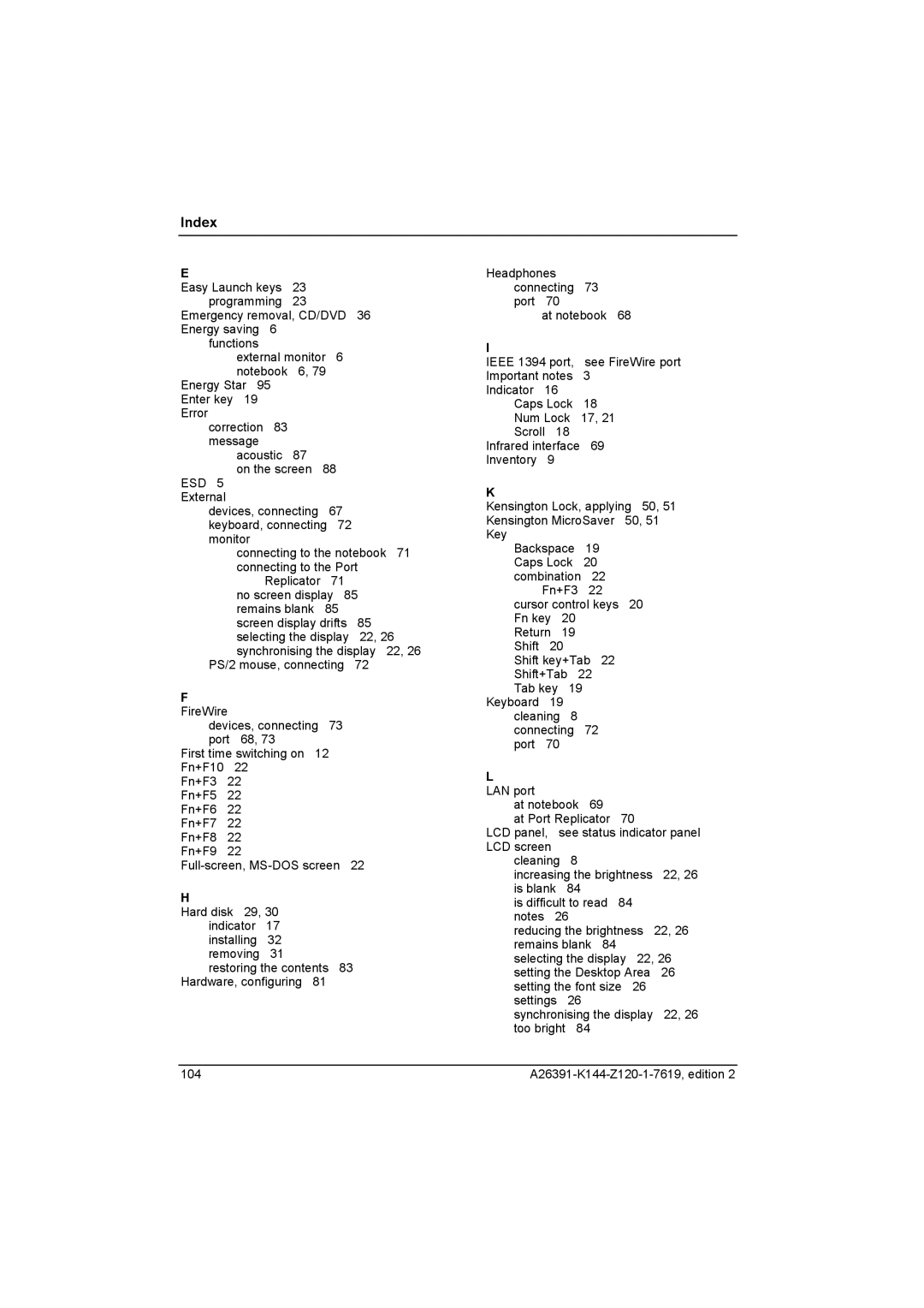 Fujitsu S SERIES manual Index, FireWire 