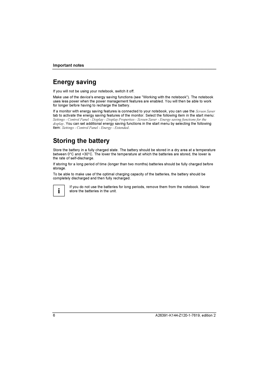 Fujitsu S SERIES manual Energy saving, Storing the battery 