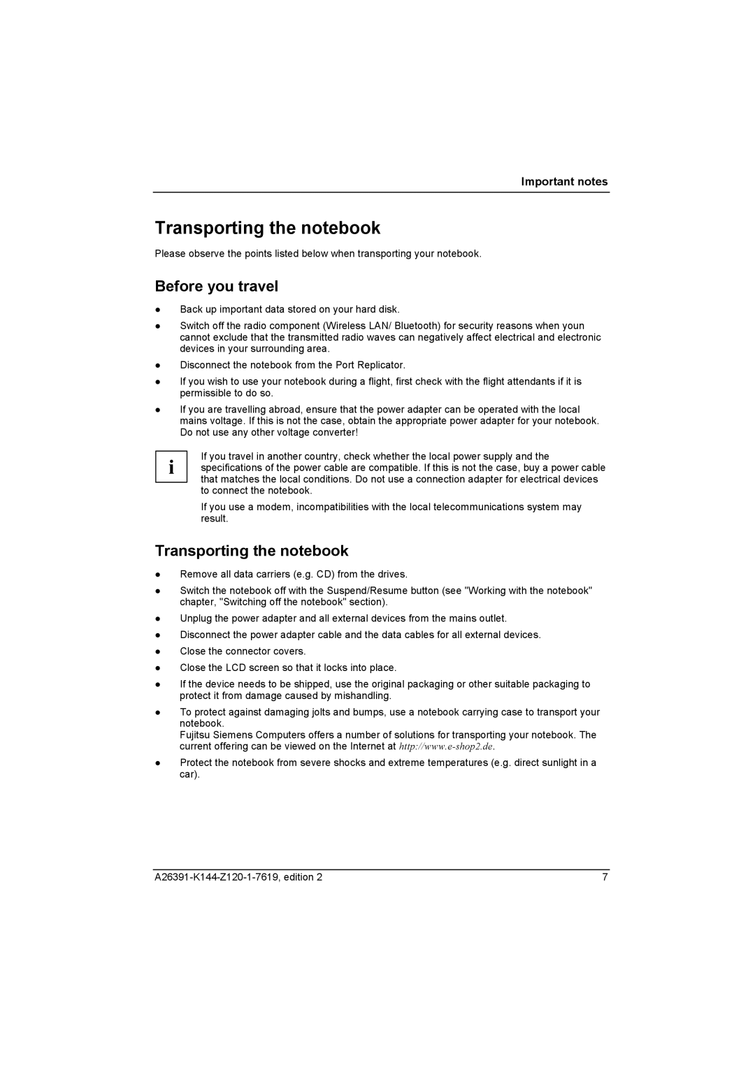 Fujitsu S SERIES manual Transporting the notebook, Before you travel 