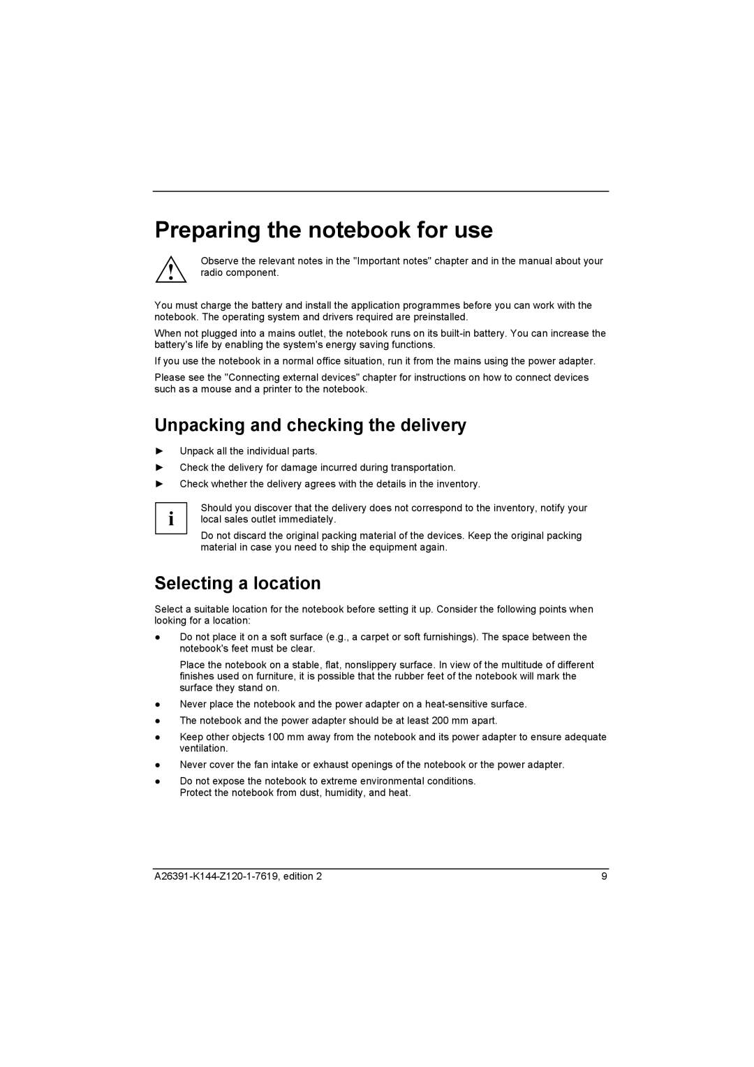 Fujitsu S SERIES manual Preparing the notebook for use, Unpacking and checking the delivery, Selecting a location 