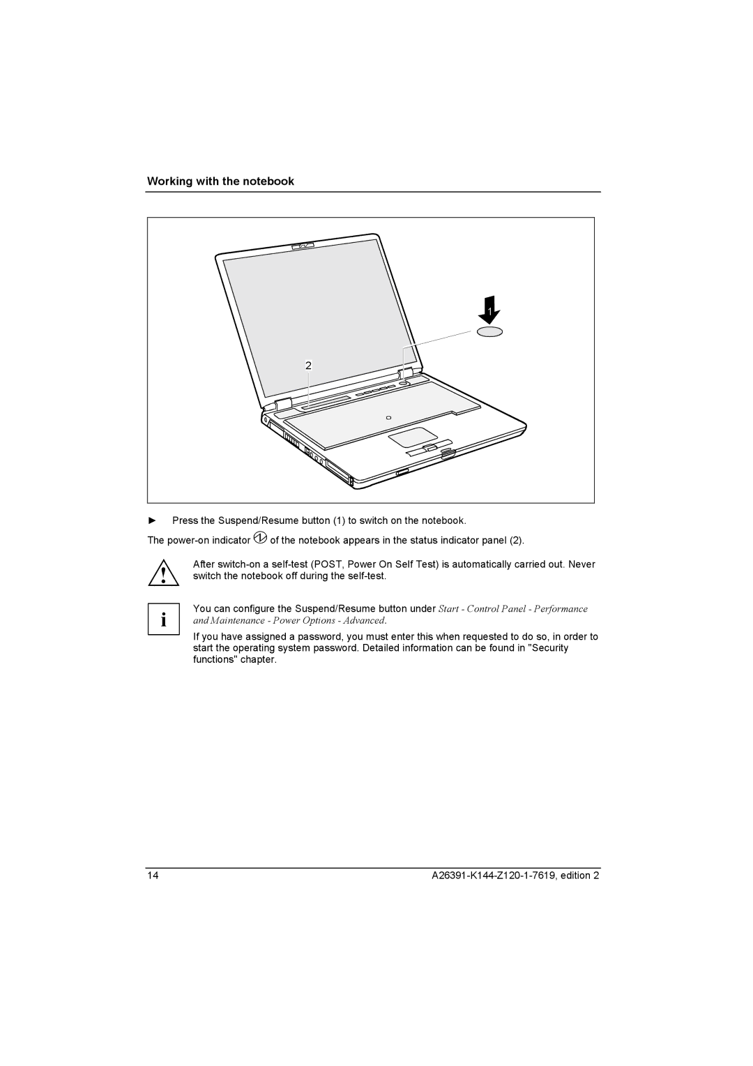 Fujitsu S SERIES manual Working with the notebook 