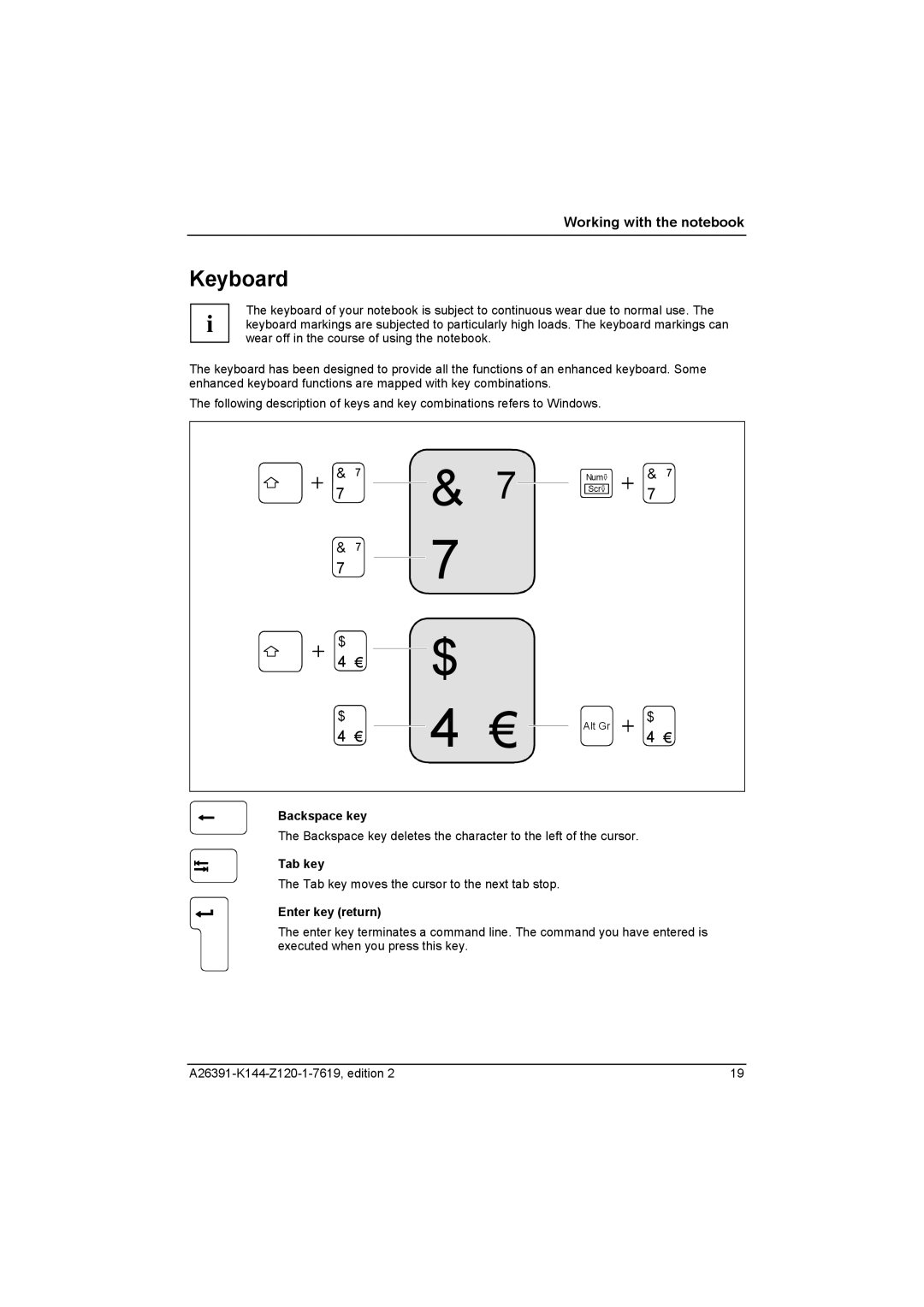 Fujitsu S SERIES manual Keyboard, Backspace key, Tab key, Enter key return 