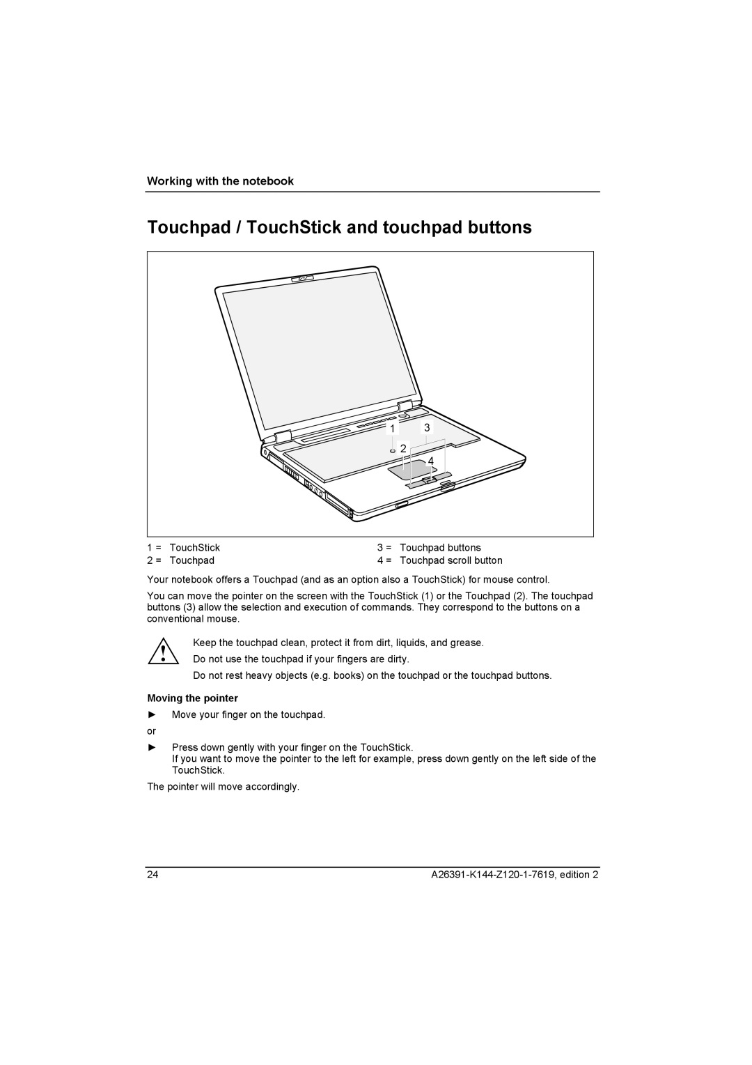 Fujitsu S SERIES manual Touchpad / TouchStick and touchpad buttons, Moving the pointer 