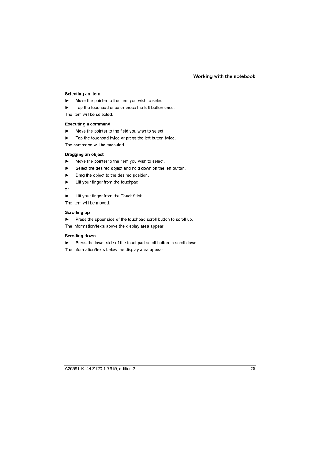 Fujitsu S SERIES manual Selecting an item, Executing a command, Dragging an object, Scrolling up, Scrolling down 