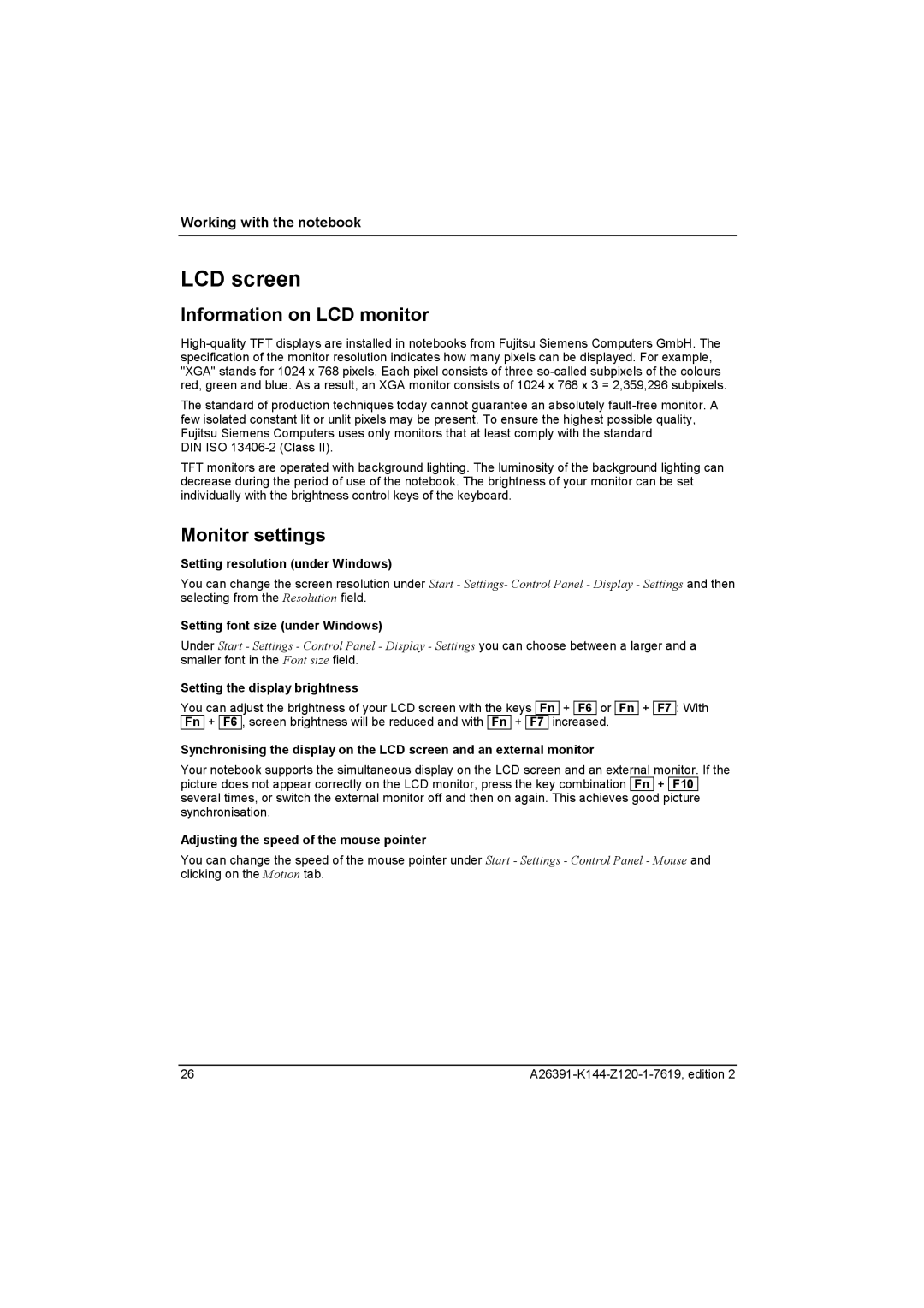 Fujitsu S SERIES manual LCD screen, Information on LCD monitor, Monitor settings 