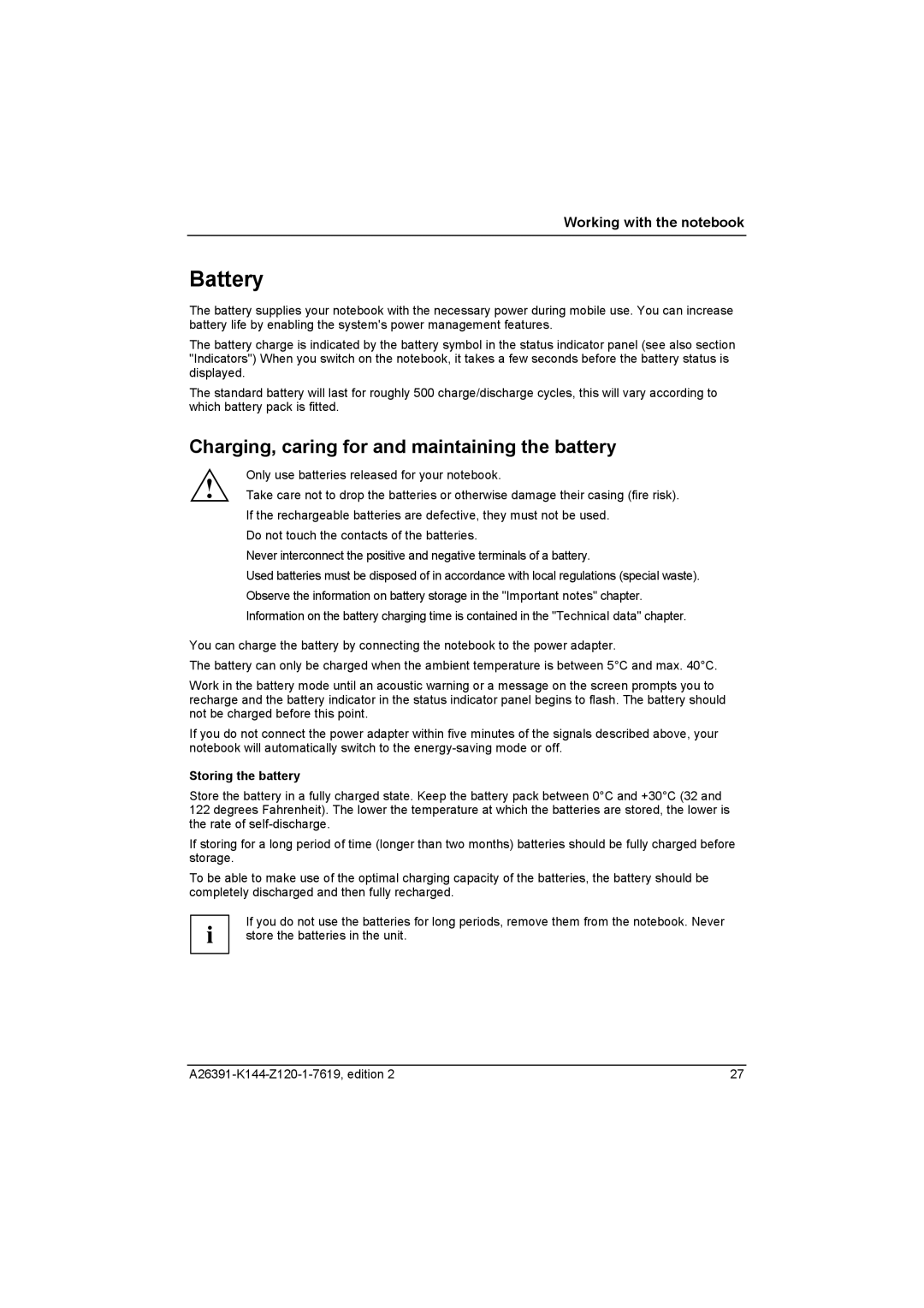 Fujitsu S SERIES manual Battery, Charging, caring for and maintaining the battery, Storing the battery 