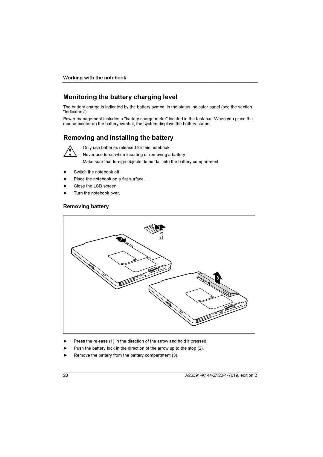 Fujitsu S SERIES manual Monitoring the battery charging level, Removing and installing the battery, Removing battery 