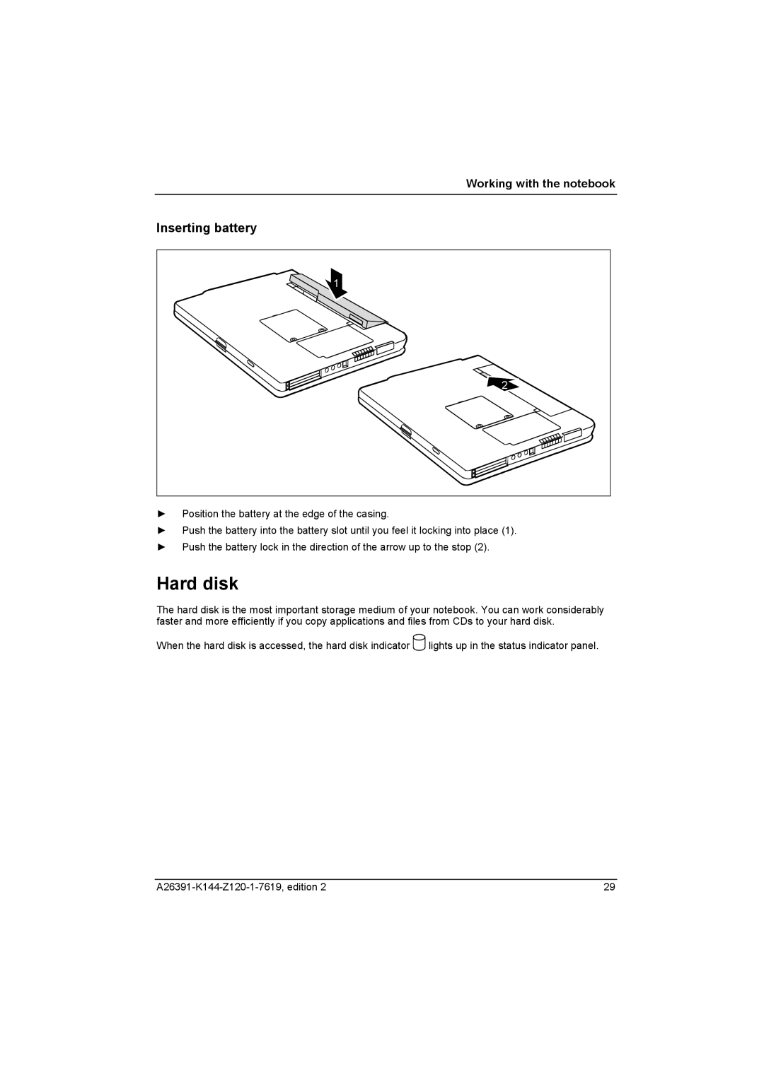 Fujitsu S SERIES manual Hard disk, Inserting battery 