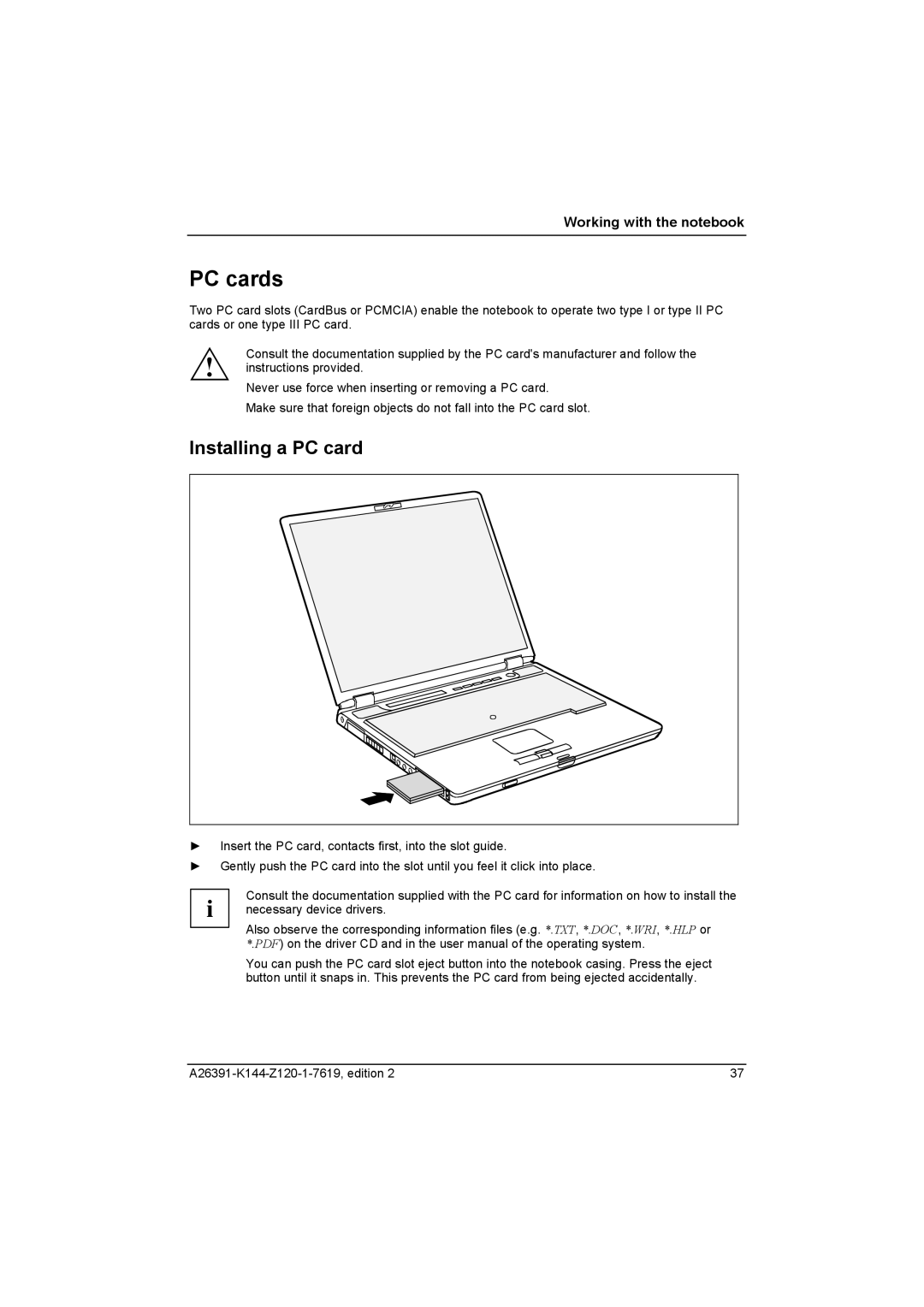 Fujitsu S SERIES manual PC cards, Installing a PC card 