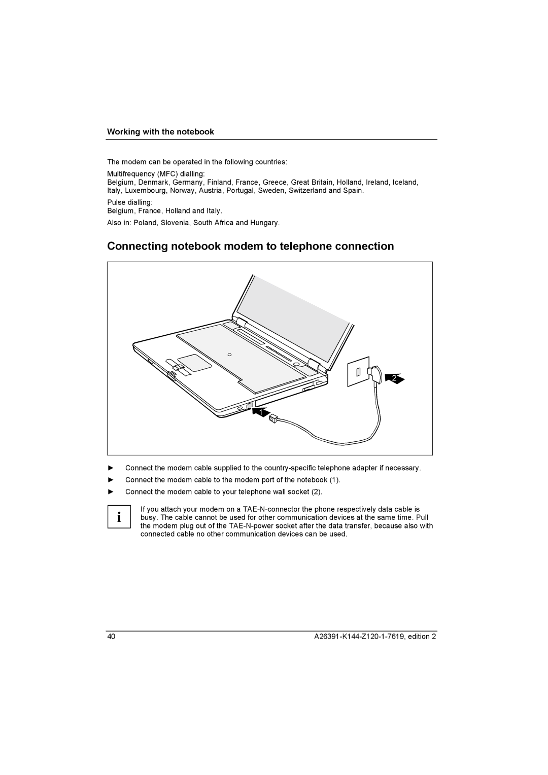 Fujitsu S SERIES manual Connecting notebook modem to telephone connection 