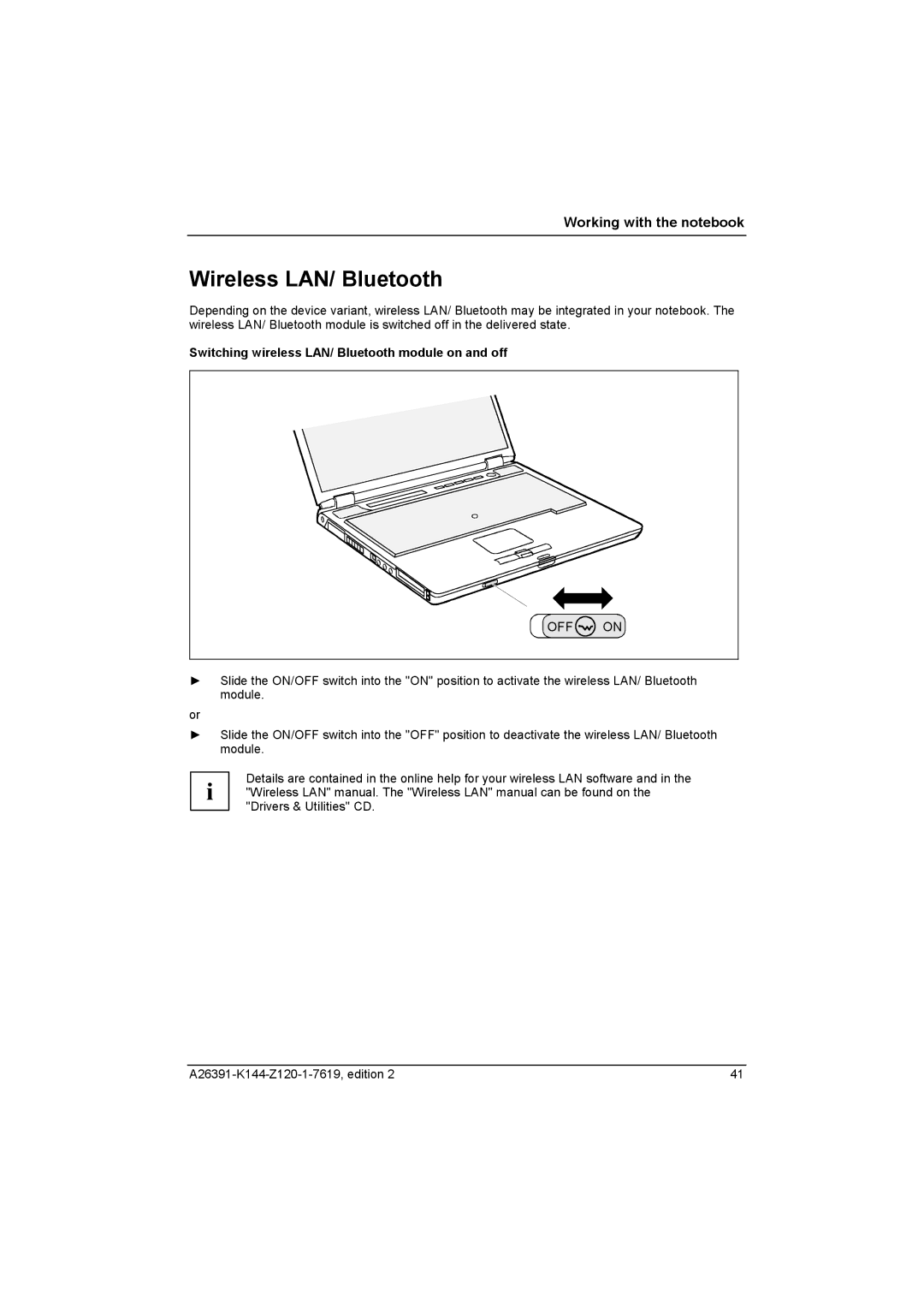 Fujitsu S SERIES manual Wireless LAN/ Bluetooth, Switching wireless LAN/ Bluetooth module on and off 