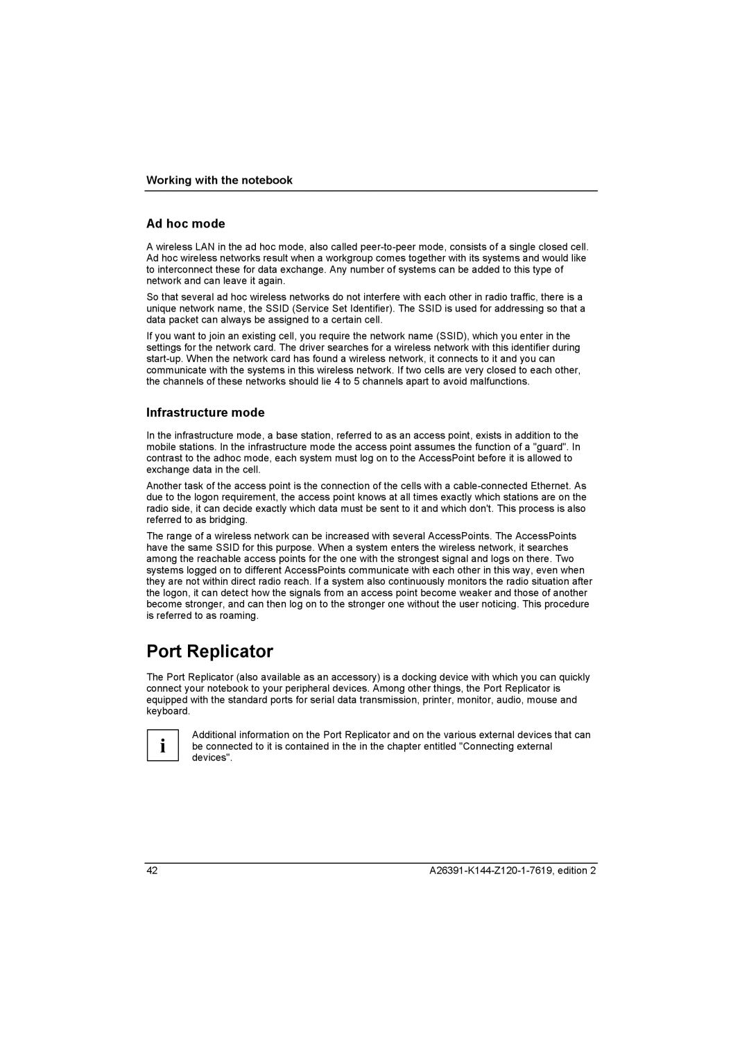 Fujitsu S SERIES manual Port Replicator, Ad hoc mode, Infrastructure mode 