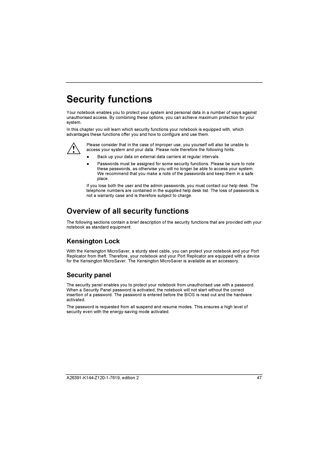 Fujitsu S SERIES manual Security functions, Overview of all security functions, Kensington Lock, Security panel 