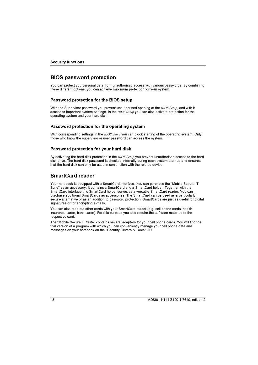 Fujitsu S SERIES manual Bios password protection, SmartCard reader, Password protection for the Bios setup 