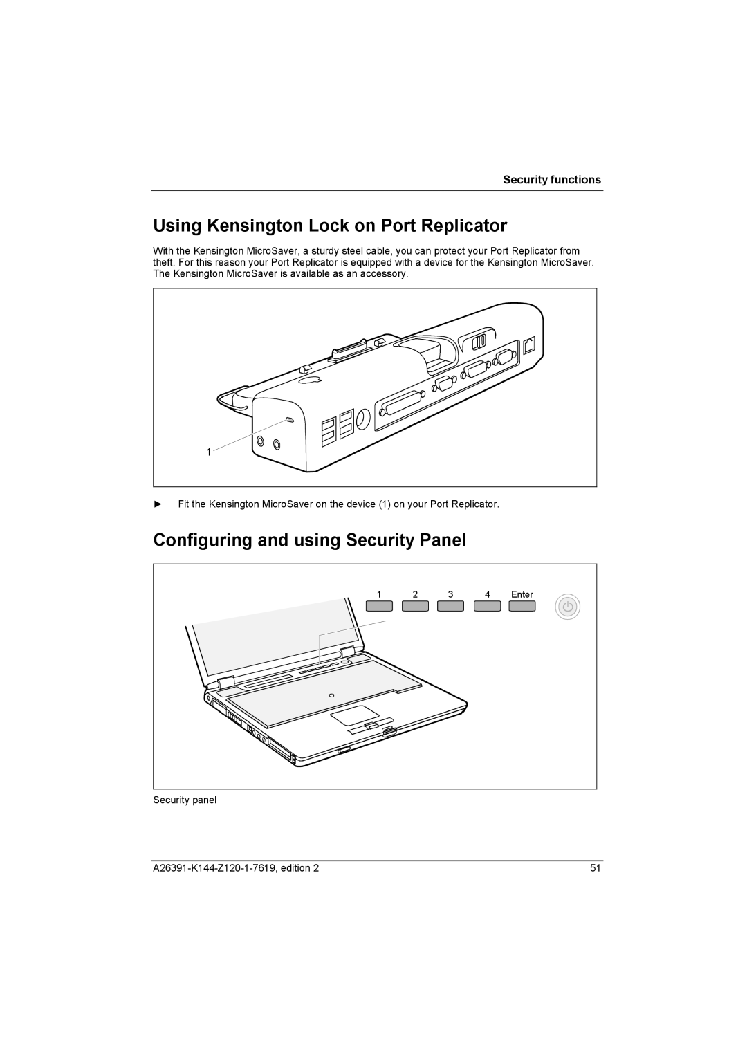 Fujitsu S SERIES manual Using Kensington Lock on Port Replicator, Configuring and using Security Panel 