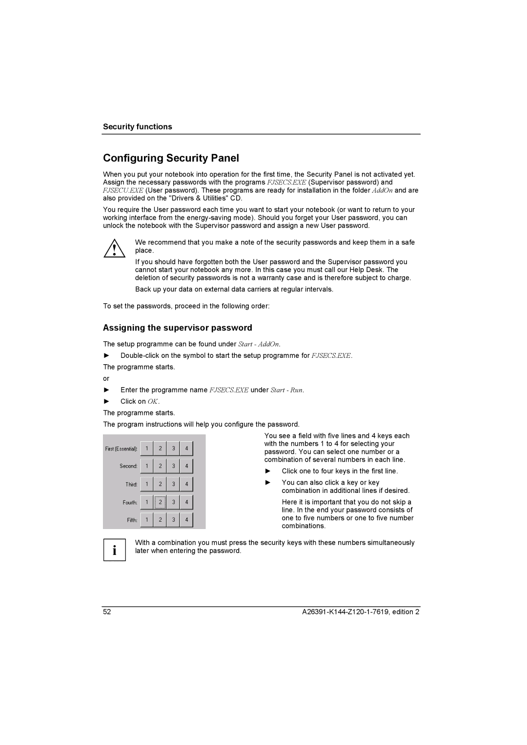 Fujitsu S SERIES manual Configuring Security Panel, Assigning the supervisor password 