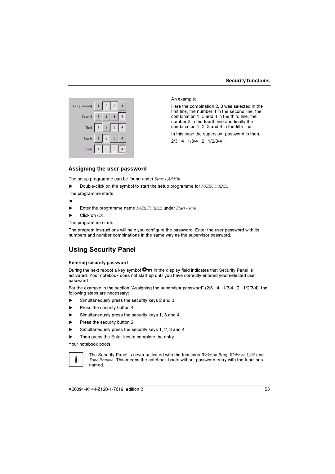 Fujitsu S SERIES manual Using Security Panel, Assigning the user password, Entering security password 