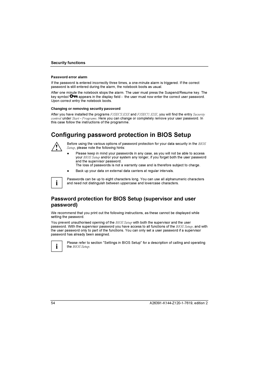 Fujitsu S SERIES manual Configuring password protection in Bios Setup, Password error alarm 