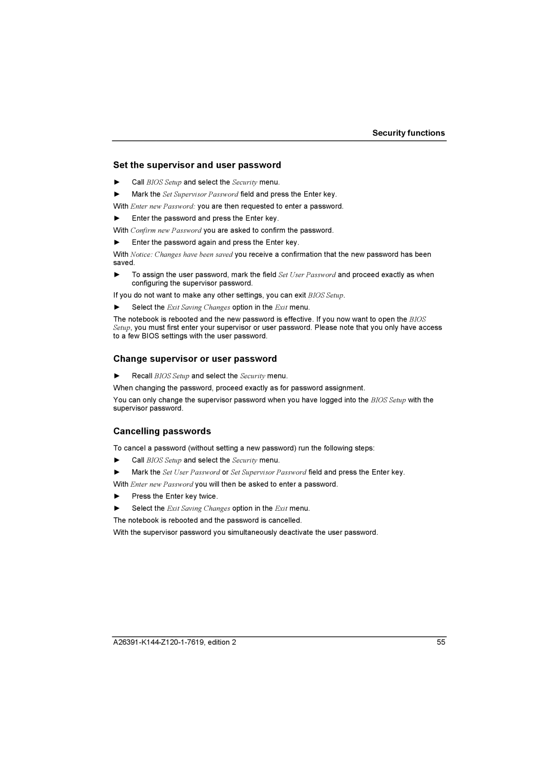 Fujitsu S SERIES manual Set the supervisor and user password, Change supervisor or user password, Cancelling passwords 