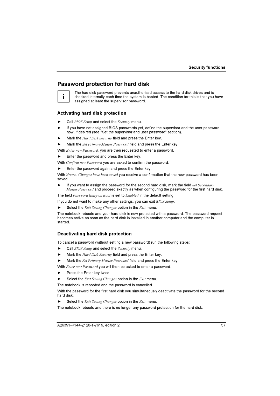 Fujitsu S SERIES Password protection for hard disk, Activating hard disk protection, Deactivating hard disk protection 