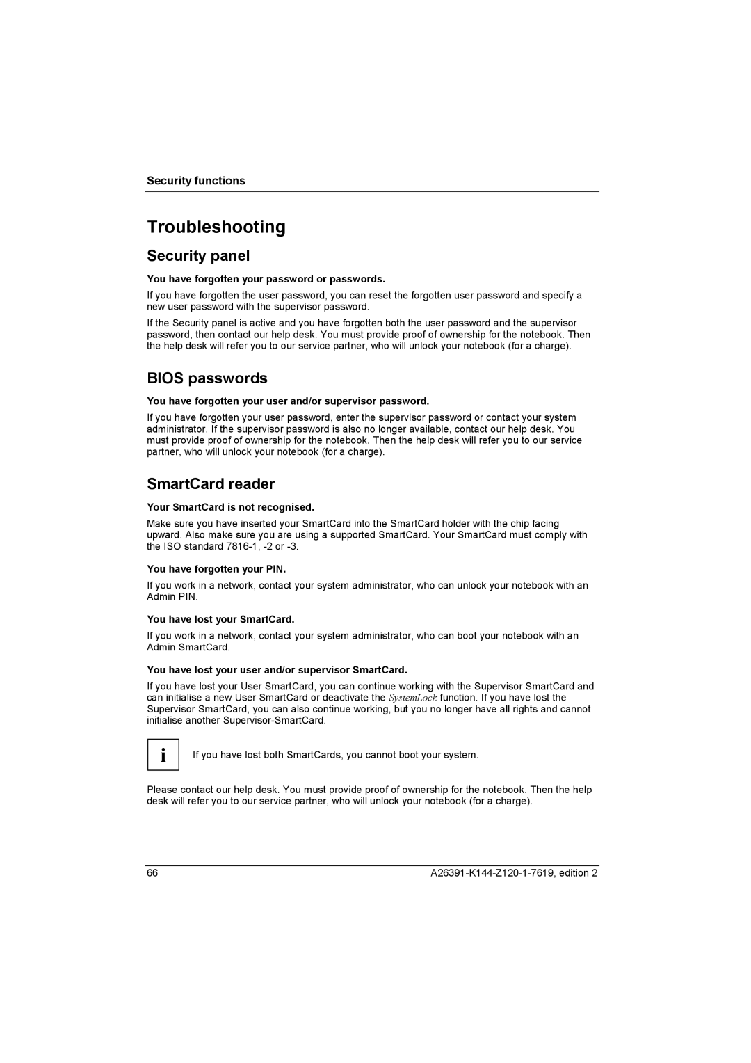 Fujitsu S SERIES manual Troubleshooting, Bios passwords 